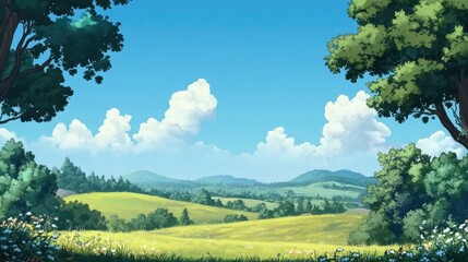 Countryside landscape featuring lush green grass, vibrant trees, and a clear blue sky ideal for nature-themed projects and presentations.