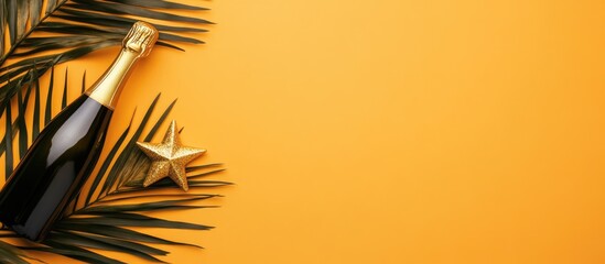 Champagne bottle palm leaves and golden star on an orange background for summer celebration or party invitation template
