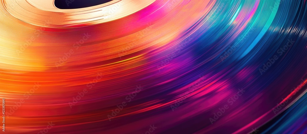 Poster vibrant abstract vinyl record background with colorful swirls and empty text space ideal for music t