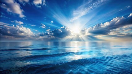 Fototapeta premium Serene ocean scene with vast blue horizon and sunbeams shining above the waves, creating a sense of tranquility and peacefulness in the atmosphere , nature, water