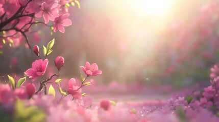 Fototapeta premium Sunlit pink flowers blooming in a field, spring scene.