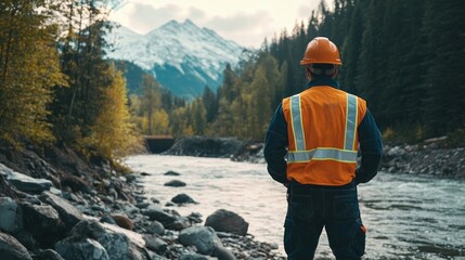 Construction worker in reflective gear and hard hat surveying river engineering project with mountains and trees in the background