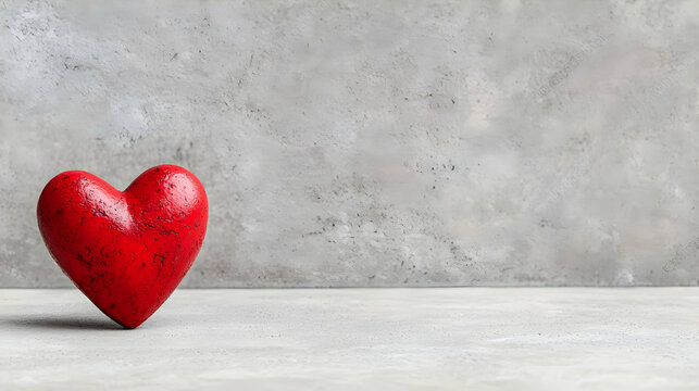 Red heart on grey textured background. Valentine's card design