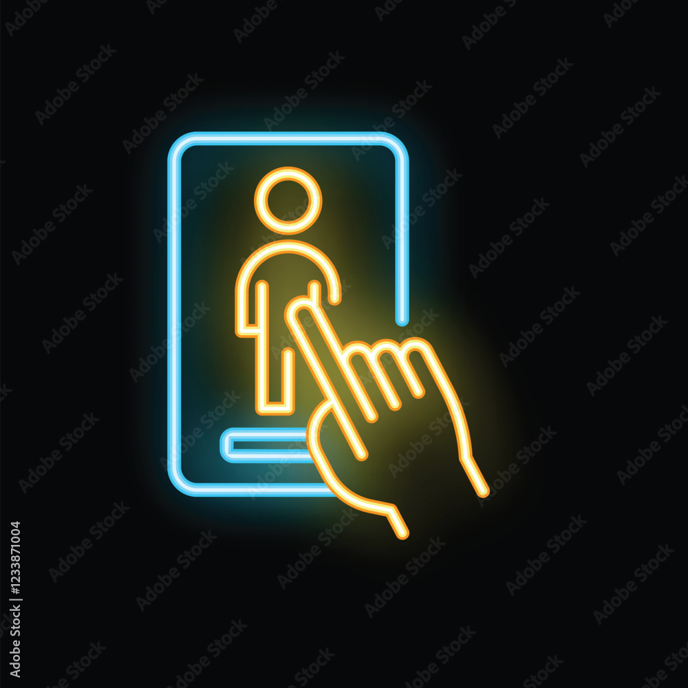Poster neon sign glowing effect representing a hand selecting a candidate profile on a smartphone app