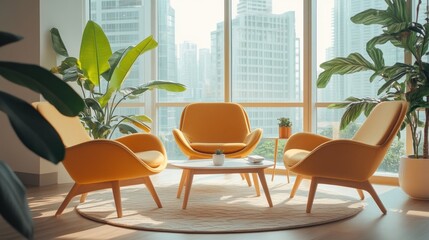 Modern office lounge with yellow armchairs, plants, and city view.