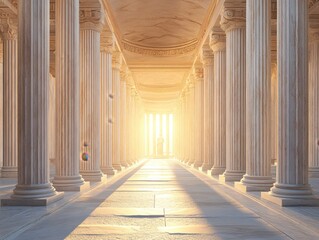 Grand marble colonnade with bright light at the end of the hallway and a statue visible