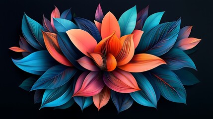 Vibrant abstract floral arrangement with colorful leaves and petals against a dark background