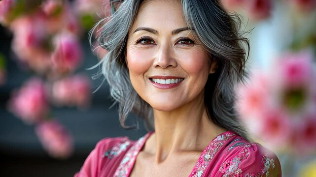 Woman with gray hair is smiling and wearing a pink dress. She looks happy and content. The pink flowers in the background add a touch of color and beauty to the scene