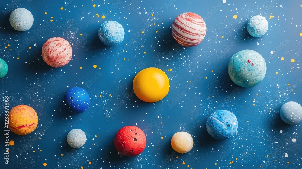 Poster cosmic design featuring hand-painted craft foam planets on a vibrant background with ample empty spa