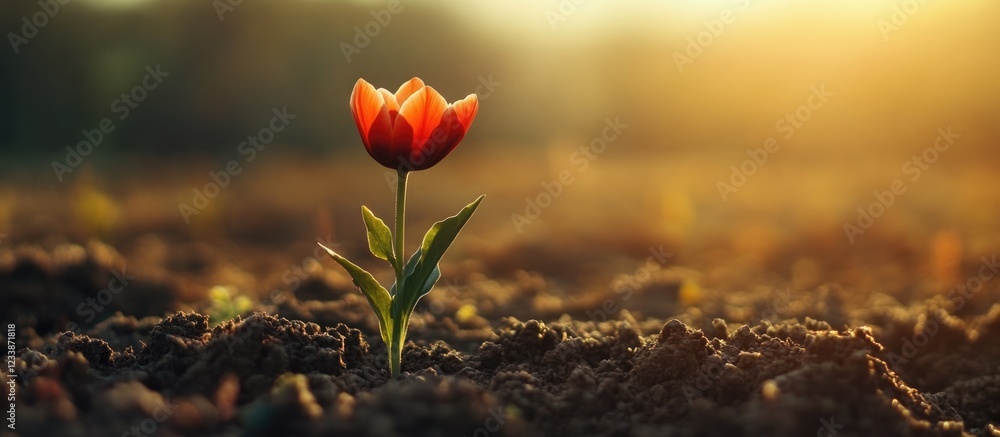 Poster single red tulip flower blooming in a field at sunset with soft blurred background and rich soil cop