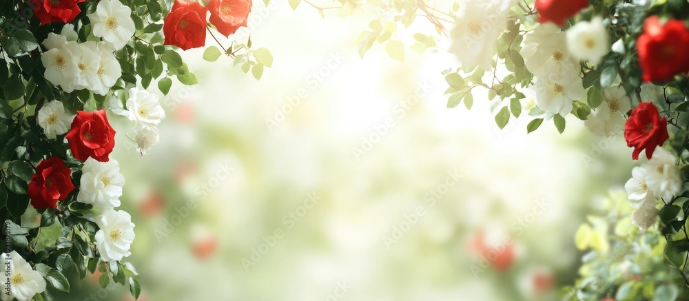 Aufkleber floral background with red and white roses on soft blurred backdrop with light, ideal for text overl