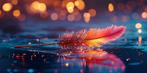 Close up of Cupids Arrow with Sparkling Feather Details on a Glowing Background