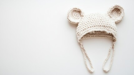 Fototapeta premium Crochet Ear Hat on Soft White Background with Empty Space for Copy and Customization