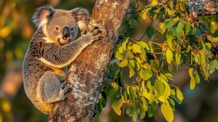 Obraz premium Cute koala clinging to a tree trunk in the golden sunlight.