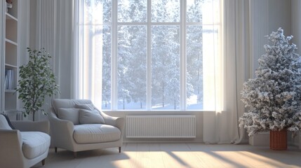 Fototapeta premium Cozy winter living room featuring large windows, air conditioning unit, and a decorated Christmas tree creating a welcoming atmosphere