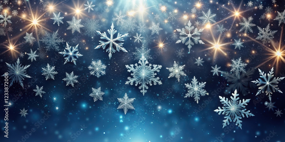 Wall mural delicate snowflake formations gently fall onto a darkened celestial background with twinkling starli
