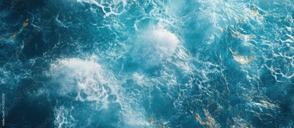 Poster aerial view of ocean waves creating a dynamic water texture in various shades of blue with white foa