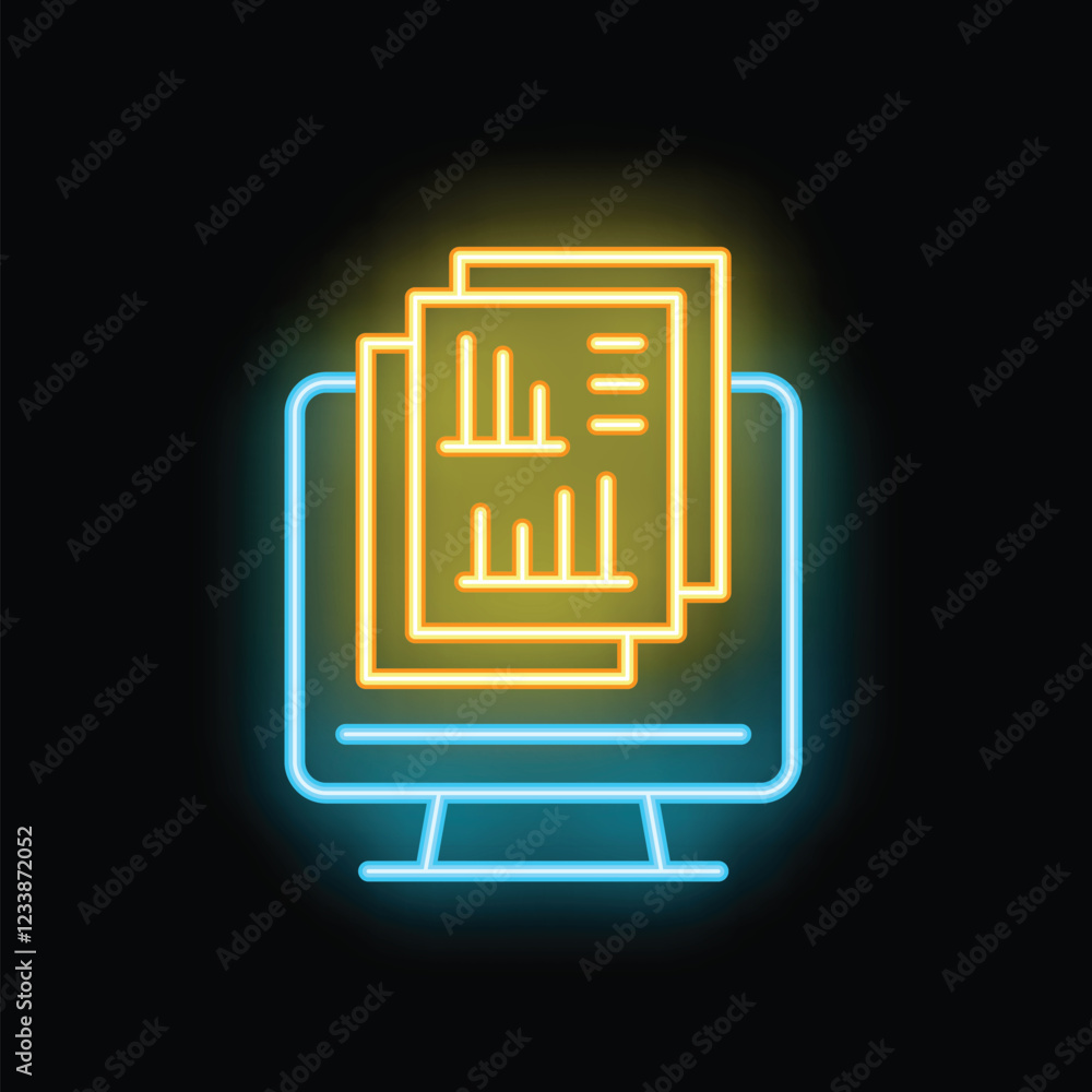 Poster Neon icon of documents displaying on computer screen representing online documentation concept