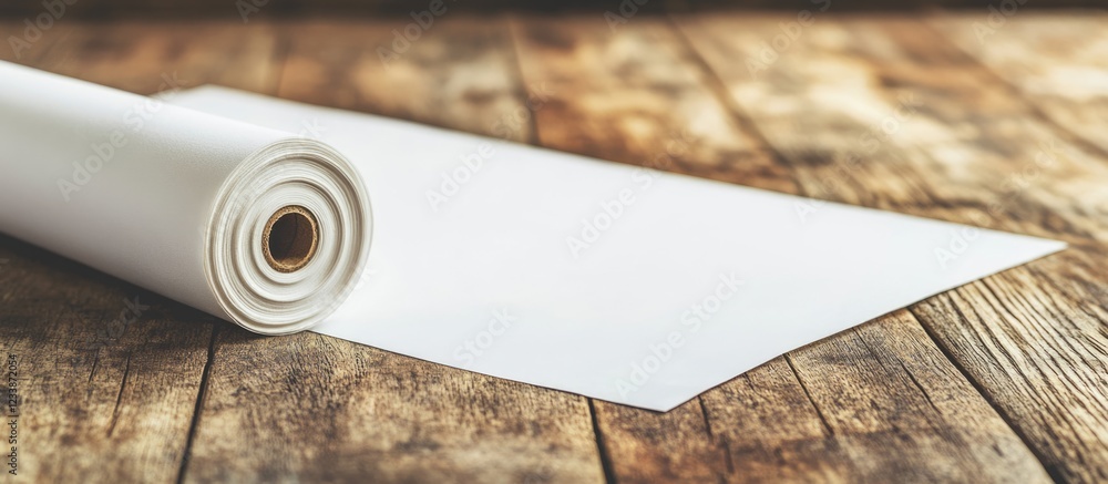 Poster roll of white paper on wooden surface with partial unrolled sheet and visible texture of the wood ba