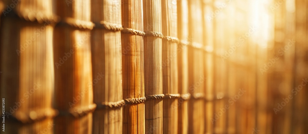 Poster close-up of bamboo wall with warm sunlight creating a natural background texture suitable for variou