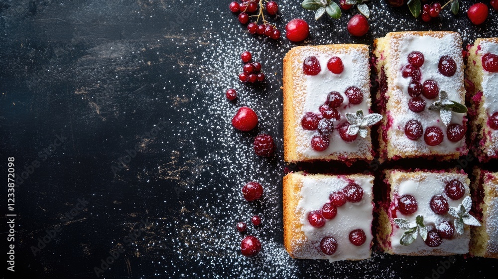 Aufkleber cranberry cake slices with icing and sugar garnished with fresh berries on a dark background with em