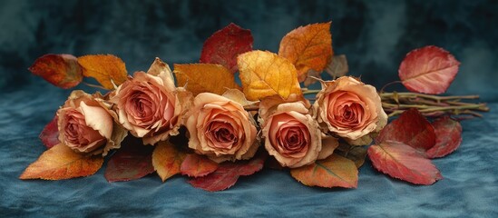 Roses and autumn leaves arrangement on a textured blue background with copy space for text placement