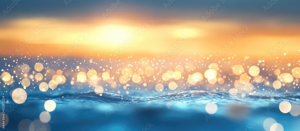 Poster sunset over water with sparkling bokeh effect on the surface and soft colors of orange and blue, cre