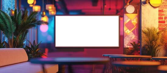 Modern interior with blank TV screen on wall in vibrant lounge setting illuminated by colorful lights and decorative plants, Copy Space