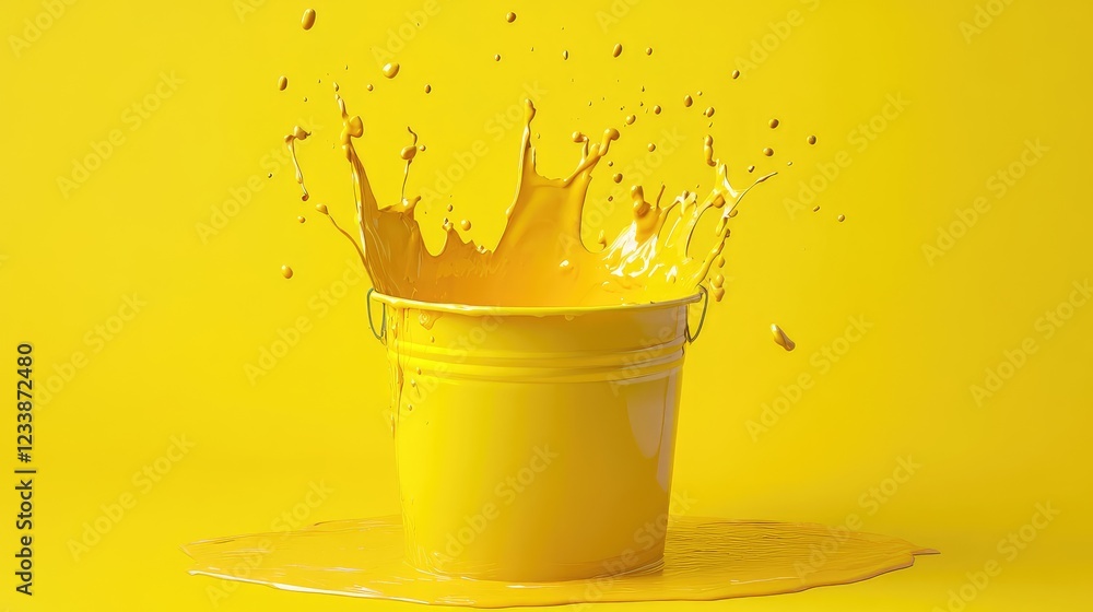 Aufkleber vibrant yellow paint splashing from a bucket on a bright yellow background capturing dynamic motion 