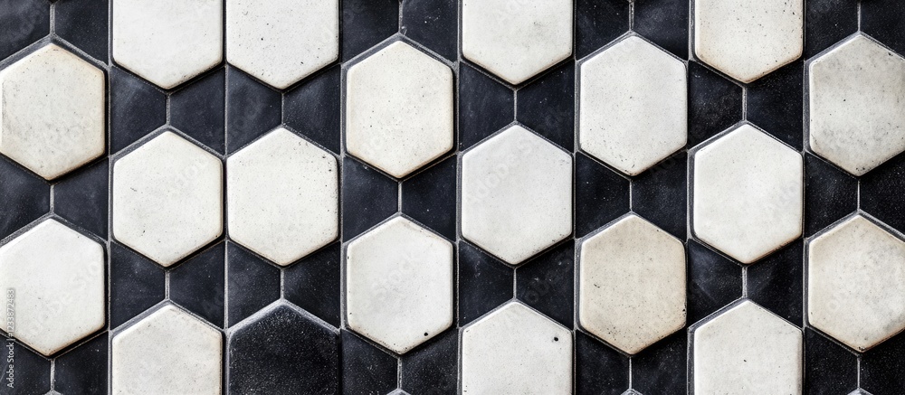 Poster hexagonal black and white tile pattern background with textured surfaces and geometric design ideal 