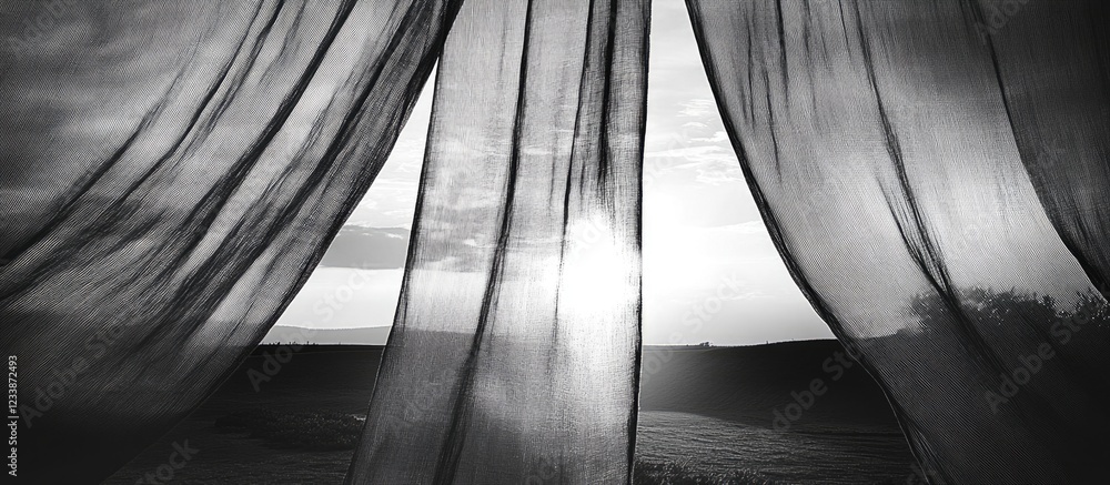 Poster sunlight filtering through sheer curtains with a landscape view and clouds in the background black a
