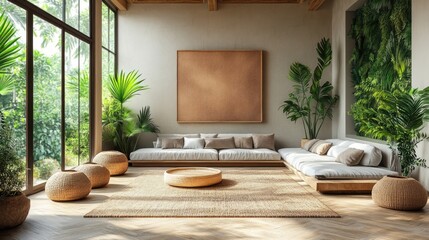 Creative minimalist living room showcasing natural elements and ample greenery with a spacious layout and empty copyspace for design versatility