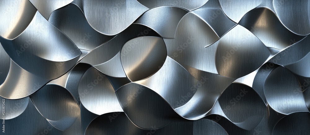 Poster textured abstract background of curved metallic shapes in silver tones with reflections and shadows.