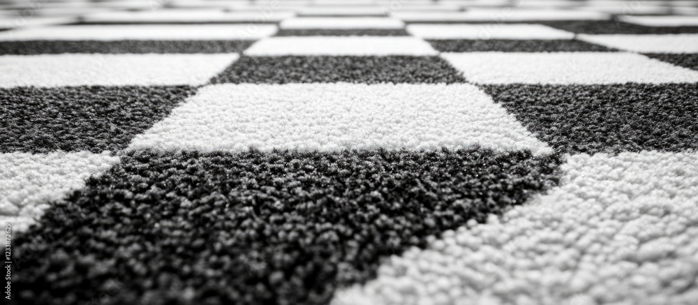 Poster black and white checkered patterned carpet texture viewed from a low angle with focus on surface det