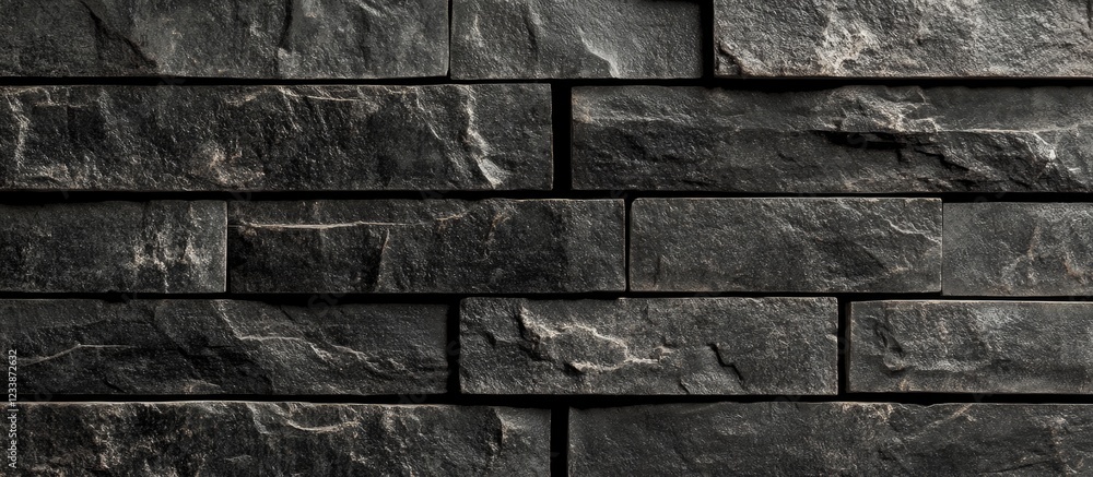Poster dark textured stone wall background with rectangular stone blocks in various shades of gray and blac