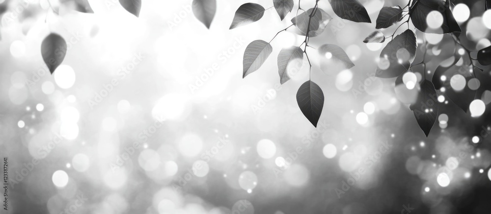 Poster black and white blurred background with leaves and soft bokeh effect suitable for overlaying text co