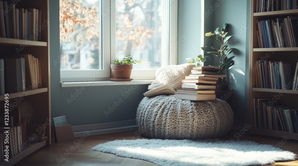 Poster cozy reading nook with sunlight streaming through a window showcasing a stack of books and plush sea