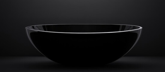 Black glass bowl on a dark background minimalistic design with smooth edges and reflective rim ideal for product displays or advertising Copy Space