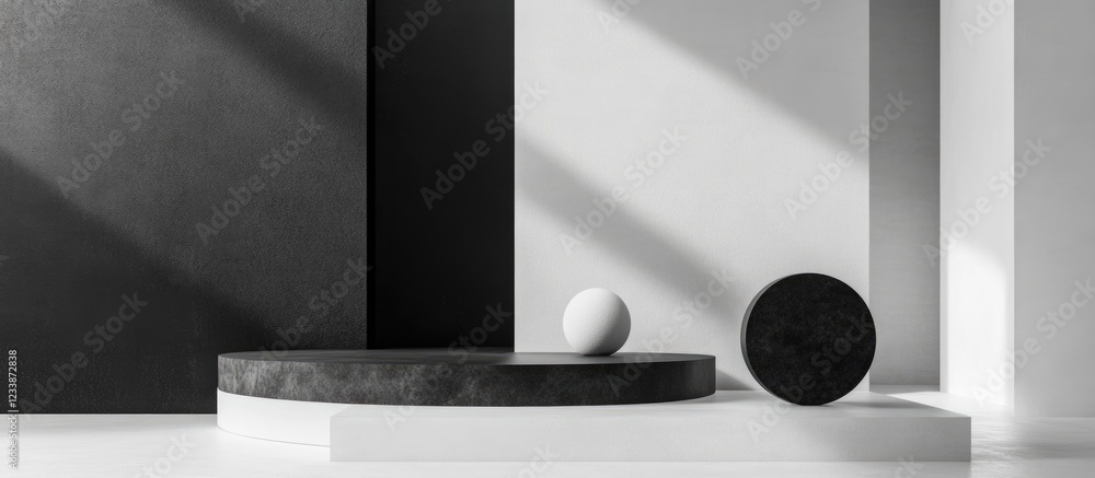 Poster geometric shapes minimalistic design with black and white elements and shadows on modern architectur