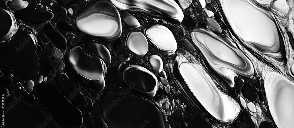 Poster abstract black and white liquid texture with smooth shapes and reflective surfaces ideal for backgro