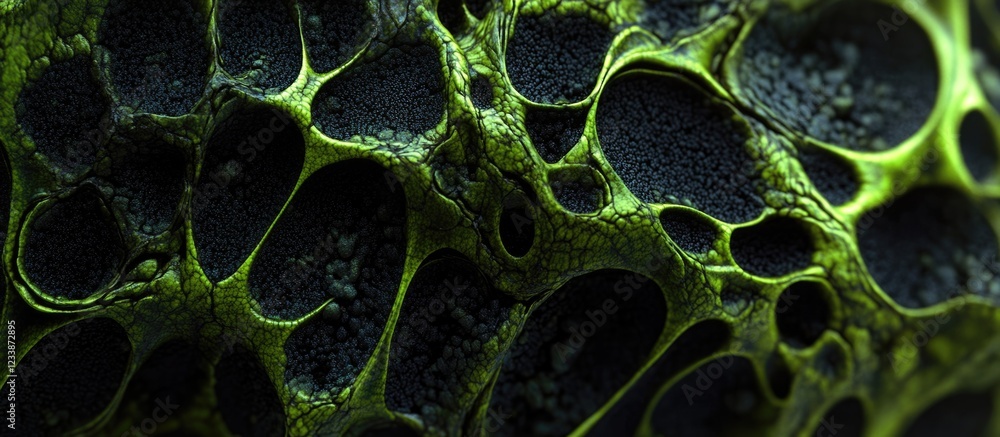 Aufkleber abstract close-up of organic structure showcasing vibrant green textures and dark porous patterns wi