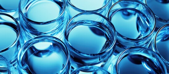 Transparent glass vases stacked together with blue background creating abstract pattern and reflections suitable for various design projects Copy Space