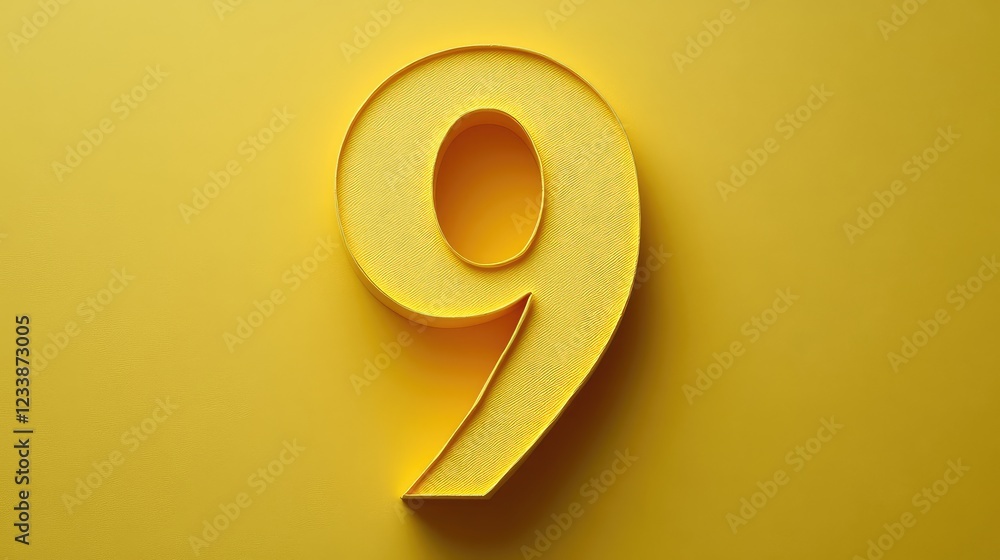 Poster yellow paper cut number nine in artistic composition on soft yellow background for creative design a