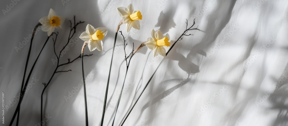 Poster yellow daffodils and twigs casting shadows on a white backdrop with natural light highlighting the d