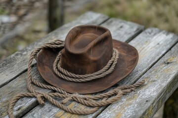 brown cowboy hat sits wooden
