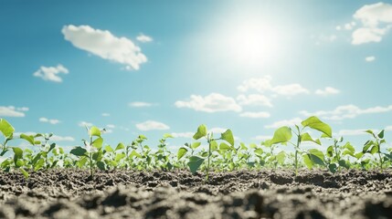 Cotton plants flourishing under a clear blue sky with sunlight illuminating farmers planting seeds in fertile soil