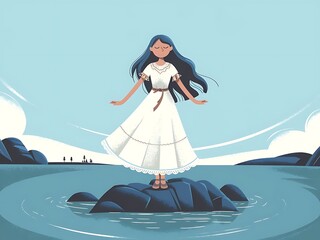 Serene Woman Stands on Rocks in Calm Water