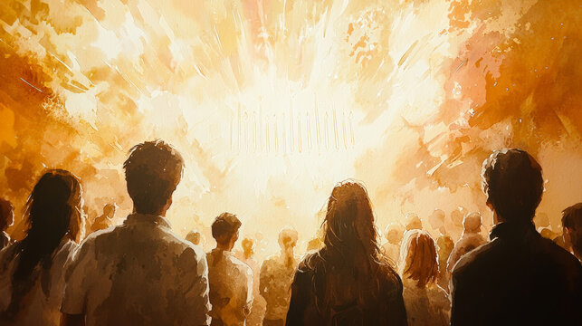 Group of people witnessing vibrant explosion of colors, evoking awe and wonder