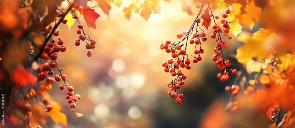 Poster autumn branches with red berries and colorful leaves in sunlight bokeh background copy space