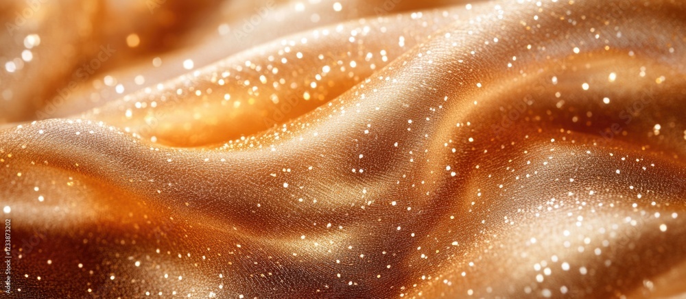 Poster golden silk fabric with glitter texture flowing in waves macro close-up background with shimmering p
